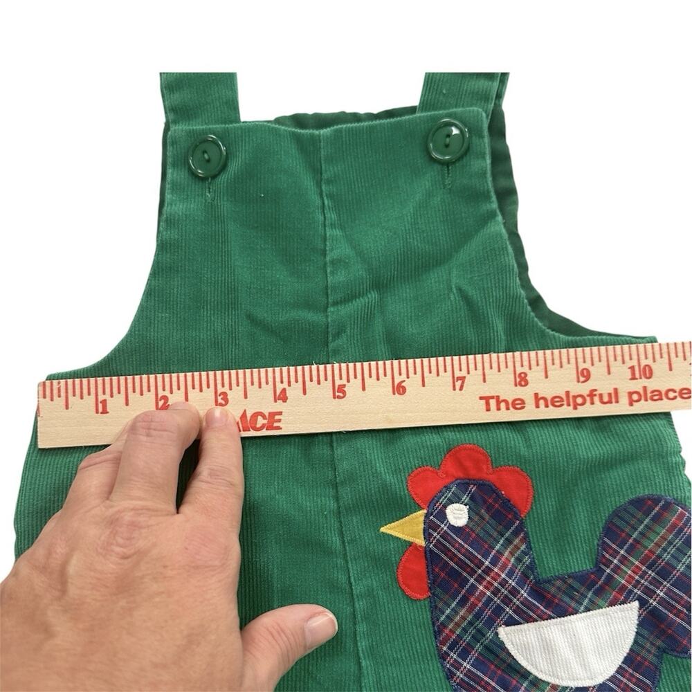 Vintage Green Corduroy Baby Overalls Rooster Plaid Appliqué Snap Legs 12-18 M T2 - Picture 9 of 12